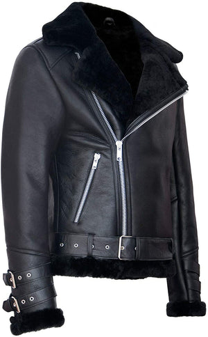 Men’s Retro RAF B3 Pilot Real Sheepskin Shearling Biker Leather Jacket