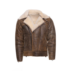 Carters Distressed Biker Bomber Shearling Jacket with Notch Lapels