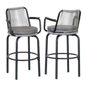 Outdoor Patio Bar Stools 29"H Set of 2, Modern Woven Rattan Rope Bar Height Chair