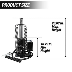 Air Hydraulic Bottle Jack, 20 Ton / 40000 Lbs Bottle Jack, 10.23-20.07-Inch Lifting Range, Manual Handle And Air Pump - Black