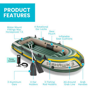 Intex Seahawk 3 Person Inflatable Rafting Boat Set with Aluminum Oars and Pump