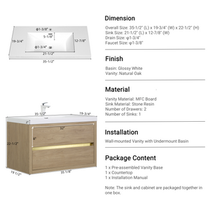 36" Wall-Mounted Bathroom Vanity with Sink