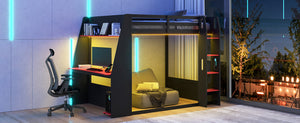 Full Size Wooden Gaming Bunk Bed with Desk, Two Storage Shelves, USB and LED Light