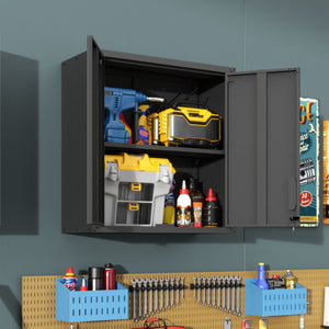 Metal Wall Mounted Tool Storage Cabinet With 2 Locking Doors, Adjustable Shelf, And Drawer