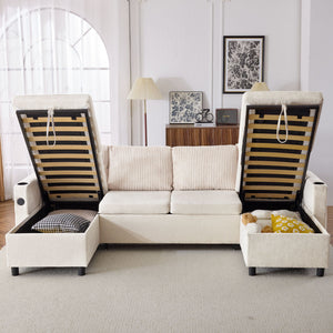 Sectional Sofa Bed With Pull Out Sleeper, USB Ports, Cup Holders