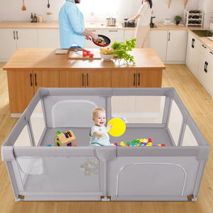 75 x 59 Inch Large Baby Playpen with Breathable Mesh and Zipper Doors-Gray