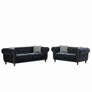 Chesterfield 3 And 2 Seater Upholstery Sofa With Roll Armrest & Nailhead Fabric Couch