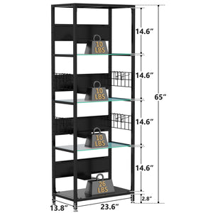 4 Tier Display Shelf With RGB Lights, LED Lighted Curio Cabinet With Adjustable Storage Box & Hooks - Black