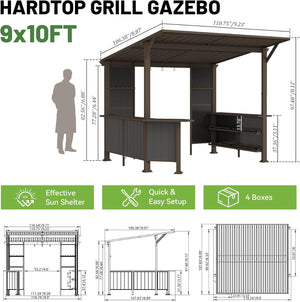 9X10FT Hardtop Grill Gazebo, Lean To Outdoor BBQ Gazebo with Storage Shelves and Expansion Platform