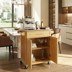 Indoor Compact Bamboo Rolling Kitchen Cart with Stainless Steel Top