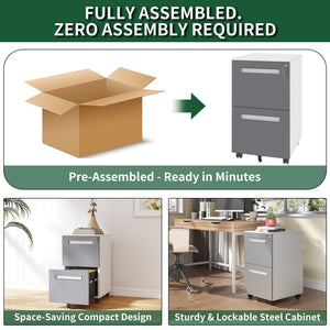 2-Drawer Mobile File Cabinet With Lock,On 360° Wheels, Holds A4/Letter/Legal Files - White