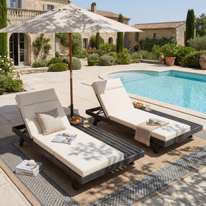 Lounge Chaise Set with Headrest, Acacia Wood
