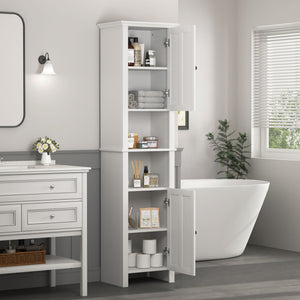 Wooden Bathroom Floor Storage Cabinet With 2 Doors And 6 Shelves - White