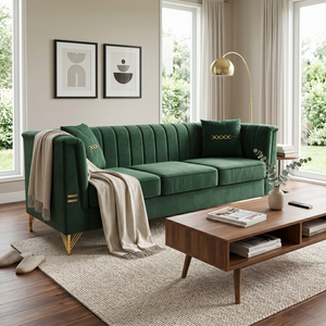 FX-P82-GR3 82.67" Modern Velvet 3-Seater Chesterfield Sofa with 2 Pillows