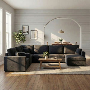 Modular 5 Seat U-Shape Sectional Sofa With Chaise Lounge, Built In Cup Holders And Storage Drawer