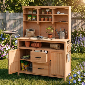 TOPMAX Large Fir Wood Potting Bench with Hutch, Cabinets & Drawers