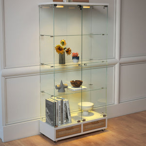 Glass Display Cabinet With LED Lights, Tempered Glass Doors, Large Drawers, 2 Door Storage Case With 4 Shelves - Natural / White