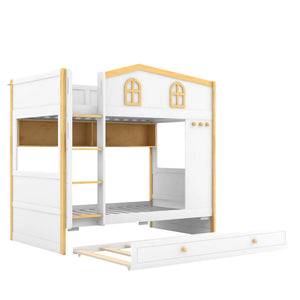 Bunk Bed With House Shaped Guardrails, Storage Shelves, And Trundle