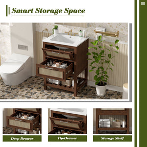 Modern Bathroom Vanity With Integrated Sink, Cabinet With 1 Deep Drawer And 1 Tip-Out Drawer