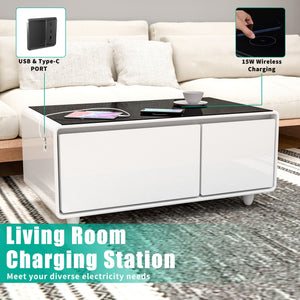 Modern Smart Coffee Table With Built-In Fridge - tooth Speaker, Wireless Charging, Touch Control Panel, USB Interface, Outlet Protection, Atmosphere Light