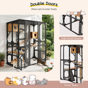 Outdoor Cat Enclosure With Sleeping Houses, Jumping Platforms, Scratching Post