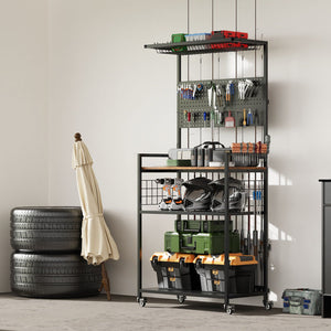 Fishing Rod Storage Rack With Pegboard, Rolling Tackle Organizer Cart - Black