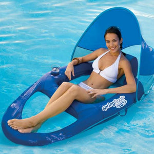 SwimWays Spring Float Recliner Pool Lounge Chair w/ Sun Canopy, Blue