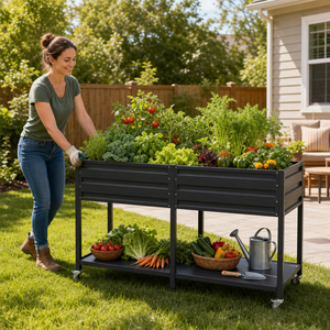 Dual Tier Elevated Metal Raised Garden Bed with Lockable Wheels & Lower Storage Shelf