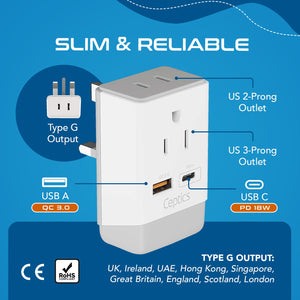 UK, England Travel Adapter | Type G - USB-A & USB-C Ports + 2 USA Outlet (AP-7)