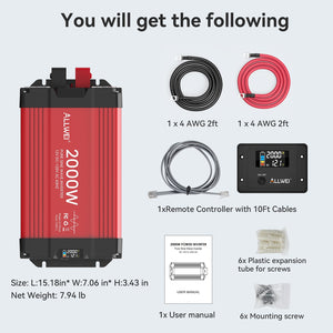 ALLWEI 2000W Pure Sine Wave Inverter - 12V DC to 120V AC Power Converter