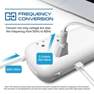 300W Step Down Converter – 3x USA Outlets & 1 USB-A + 1 USB-C PD 18W – AC 220-240V 50Hz to 110-120V 60Hz Travel Voltage & Frequency Converter - (PU-300-WS) - TRAPSKI
