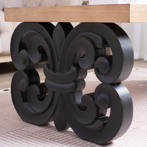 Black Scroll Base Coffee Table – 47" Rectangular Wood Living Room Table