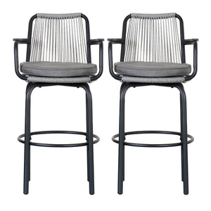Outdoor Patio Bar Stools 29"H Set of 2, Modern Woven Rattan Rope Bar Height Chair