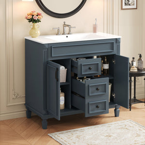 36" Bathroom Vanity With Ceramic Sink and Soft-Close Doors - Blue