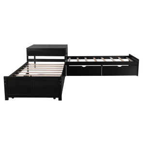 L Shaped Platform Bed With Trundle And Drawers Linked With Built In Desk