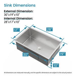 Stainless Steel Kitchen Sink, 30″x19″ Drop In Single Bowl, Undermount Handmade Sink in Brushed Nickel