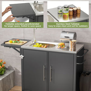 Outdoor Grill Table With Sink, Worktable Kitchen Cabinet Island With Wheels & Foldable Top - Black
