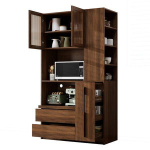 Tall Kitchen Pantry Cabinet With 4 Tier Side Shelf, 2 Drawers, Freestanding Food Hutch With Microwave Stand For Dining Room - Walnut