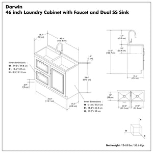 Darwin - Laundry Utility Sink And Cabinet With Dual Sinks, Pull Out Faucet - White