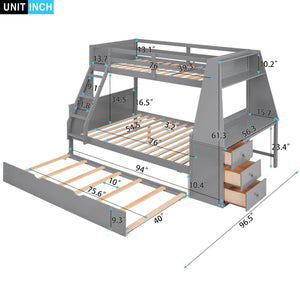 Bunk Bed With Trundle And Built In Desk, 3 Storage Drawers And Shelf
