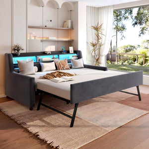 Twin Size Daybed With Trundle With LED Light ? Charging Station - Dark Gray