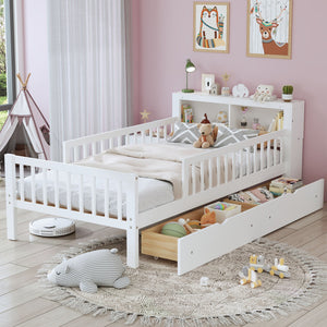 Bed With Headboard Storage Rack, 2 Under Bed Drawers, 3 Side Guardrails For Safety