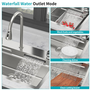 Drop In Waterfall Kitchen Sink With Pull-Out Faucet & Cup Washer