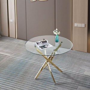 Contemporary Round Clear Dining Tempered Glass Table With Gold Finish Stainless Steel Legs - Gold