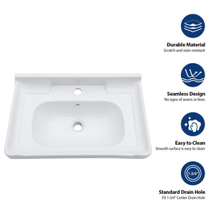 Wall Mounted Rectangular Bathroom Sink With Towel Bar & Overflow - White