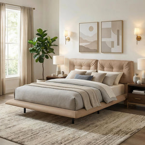 Queen Size Upholstered Floating Bed Frame with LED Lights, Khaki