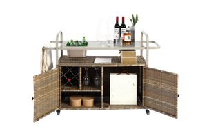 Outdoor Bar Table with Wicker Cabinet and Steel Top