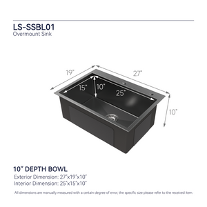 Stainless Steel Kitchen Sink, 27″x19″ Single Bowl, Overmount Handmade Sink