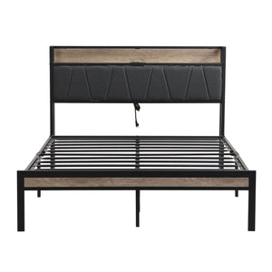 Modern Bed Frame With LED Lights, Upholstered Headboard, USB Charging