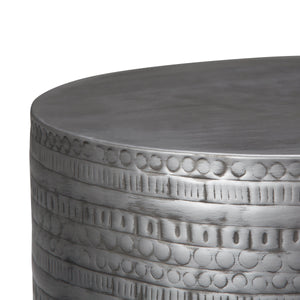 Johnsen 15 Inch Wide Tribal Pattern Metal Accent Table in Antique Silver